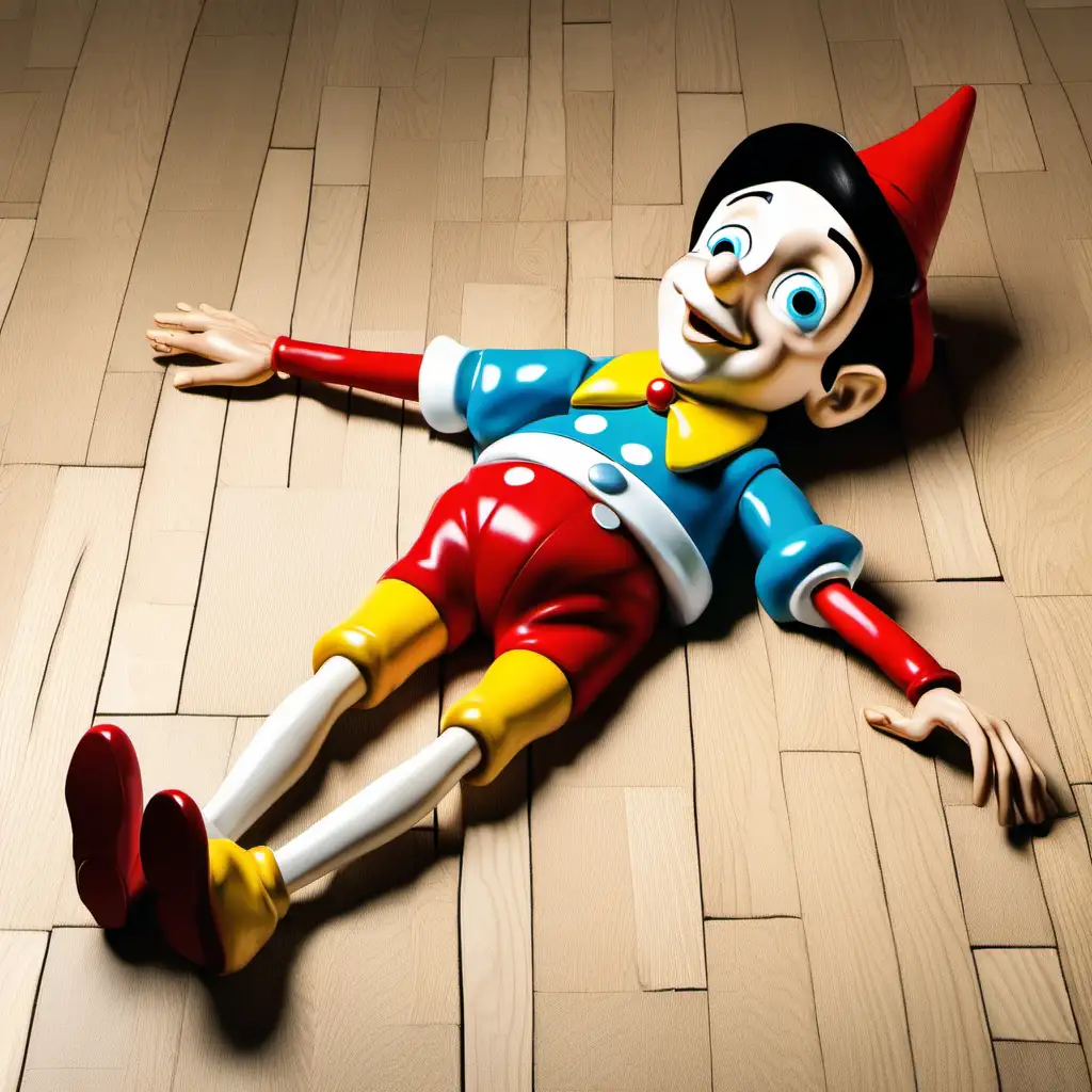 PINOCCHIO LYING ON THE FLOOR WITH BELLY UP.