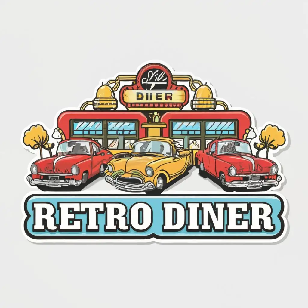 logo, Classic Cars, with the text "retro diner with classic cars sitting around it, Sticker, Cute, Saturated Colors, Folk Art, Contour, Vector, White Background, Detailed Vector, White Background, Detailed, bright vibrant colors, highly detailed, white background", typography