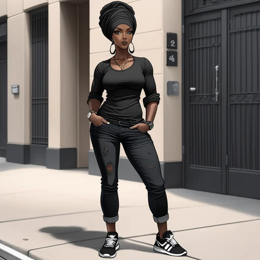 Darkskin woman age 40 thick body shape wearing a black head wrap on her head with a black blouse , black jeans and a black pair a sneakers anime style