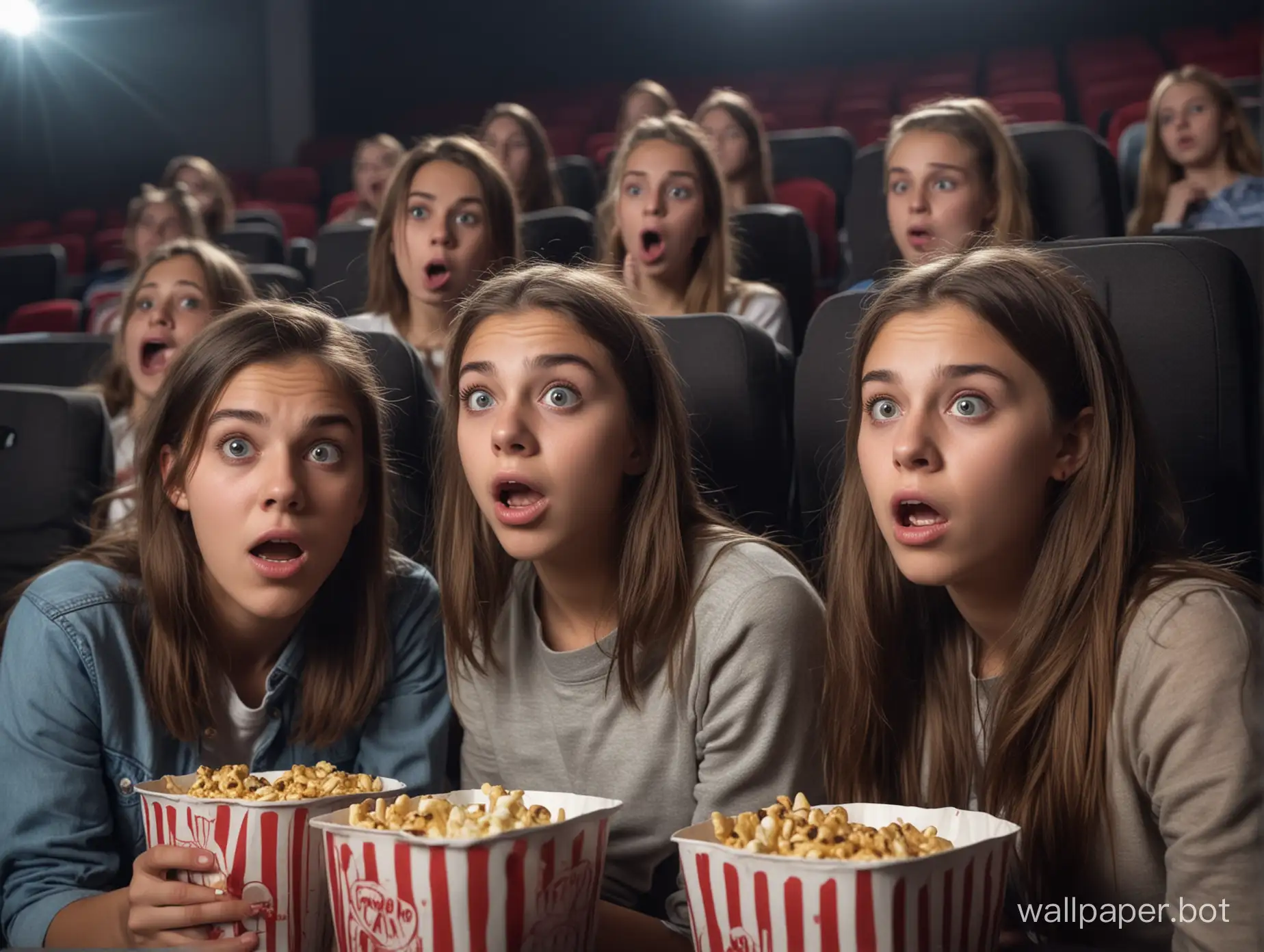 Teenage girls watching a scary movie at the cinema. Detailed features, sharp image.