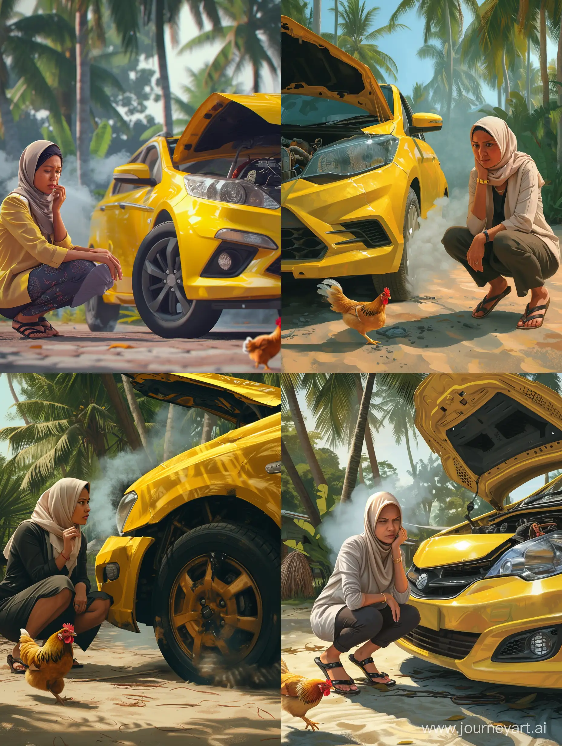 ultra realistic, close up,a Malay woman in office clothes, sandals and wearing a hijab, squats next to her broken-down car. The front bonnet was open and there was smoke coming out of the car engine. Proton brand car made in Malaysia is yellow. refraction of the morning sun. the background of coconut trees and the atmosphere of a Malay village. There is a chicken running