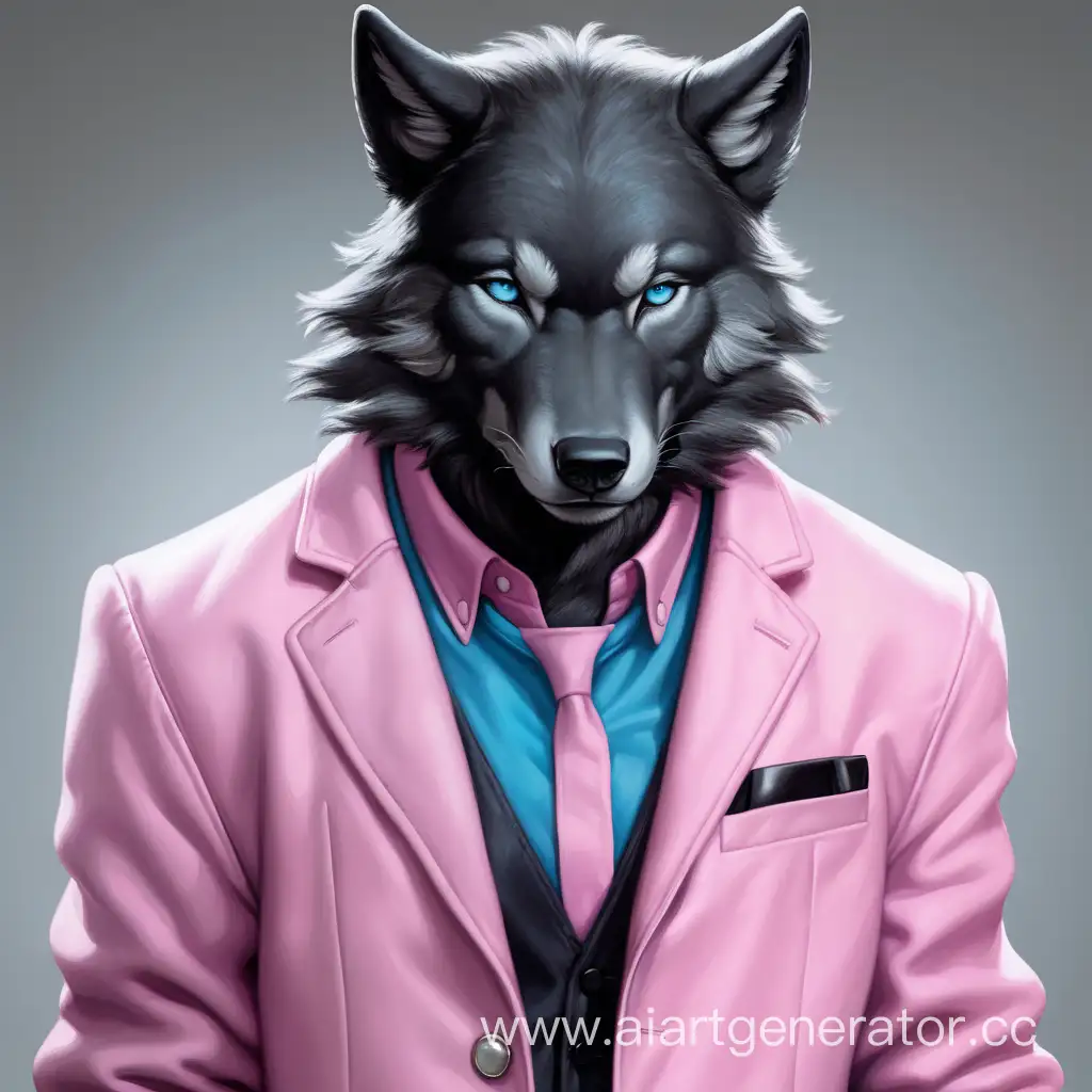 Человекоподобный волк с полностью чёрной шерстью без белых участков
 ,голубыми глазами, приглаженной короткой шерстью, меньше скул на лице ,в розовой рубашке и поверх неё белый пиджак

