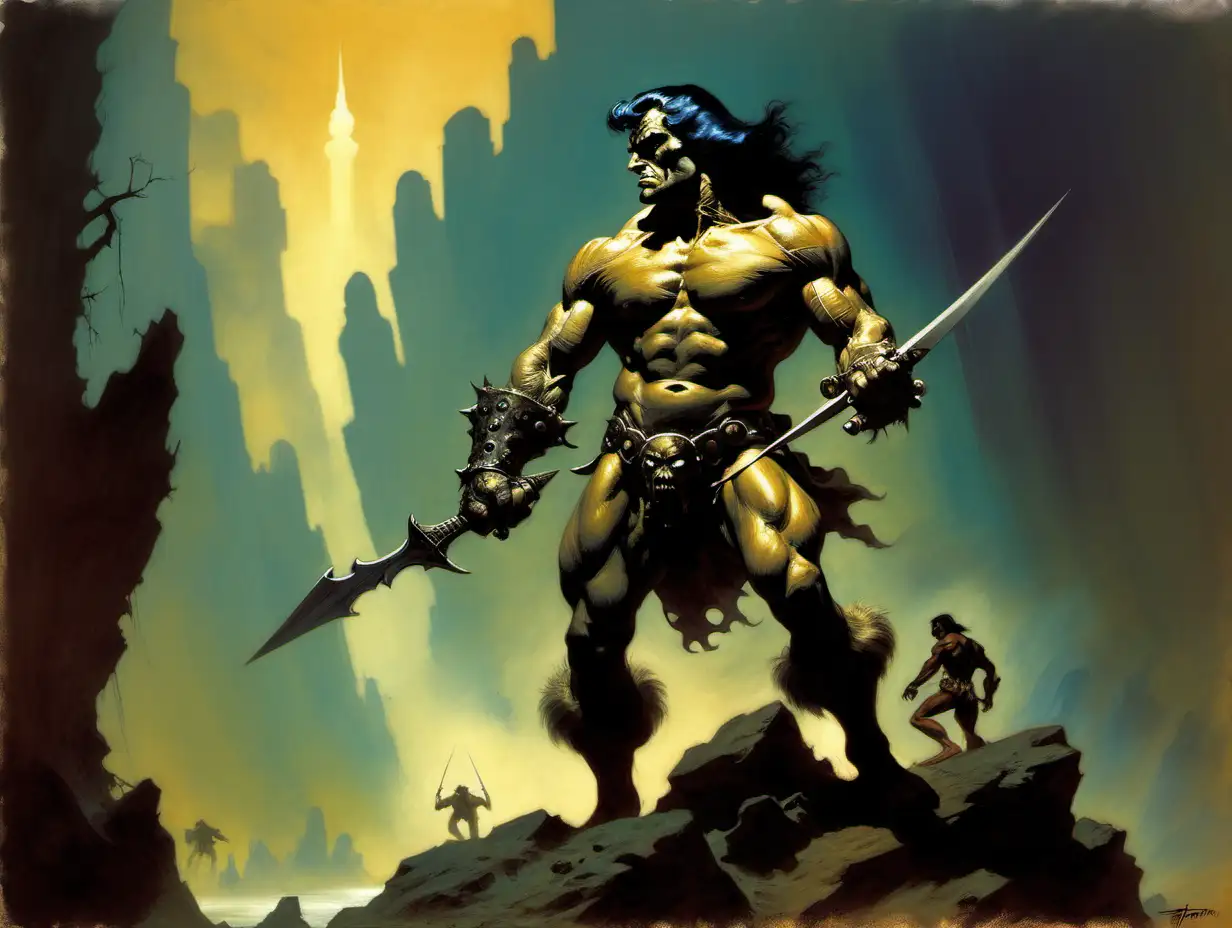 Primal Man Confronting Eternity at the End of Time in the Style of Frank Frazetta
