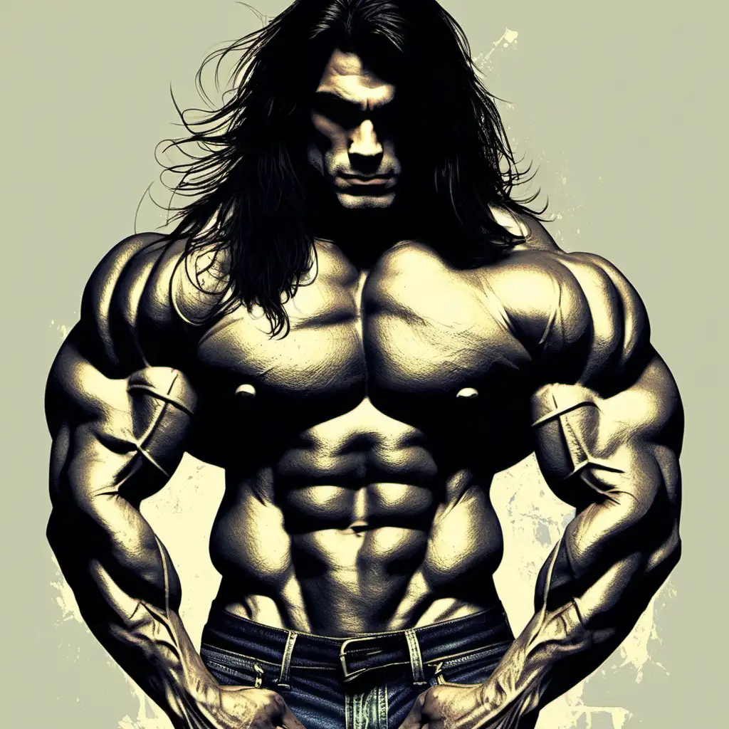 grunge bodybuilder. Long dark hair.  Not too big. Handsome. 

