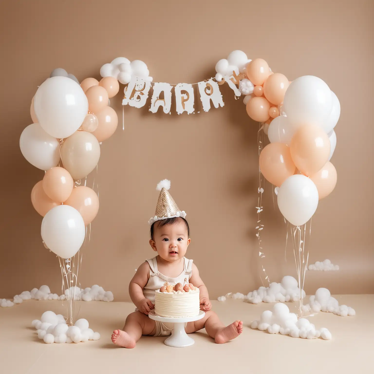 one year old birthday white cake smash photography asian baby with cute clothes simple setups balloon garland backdrop and clouds with birthday hat simple minimalist plain beige wearing cltohes remove simpler
