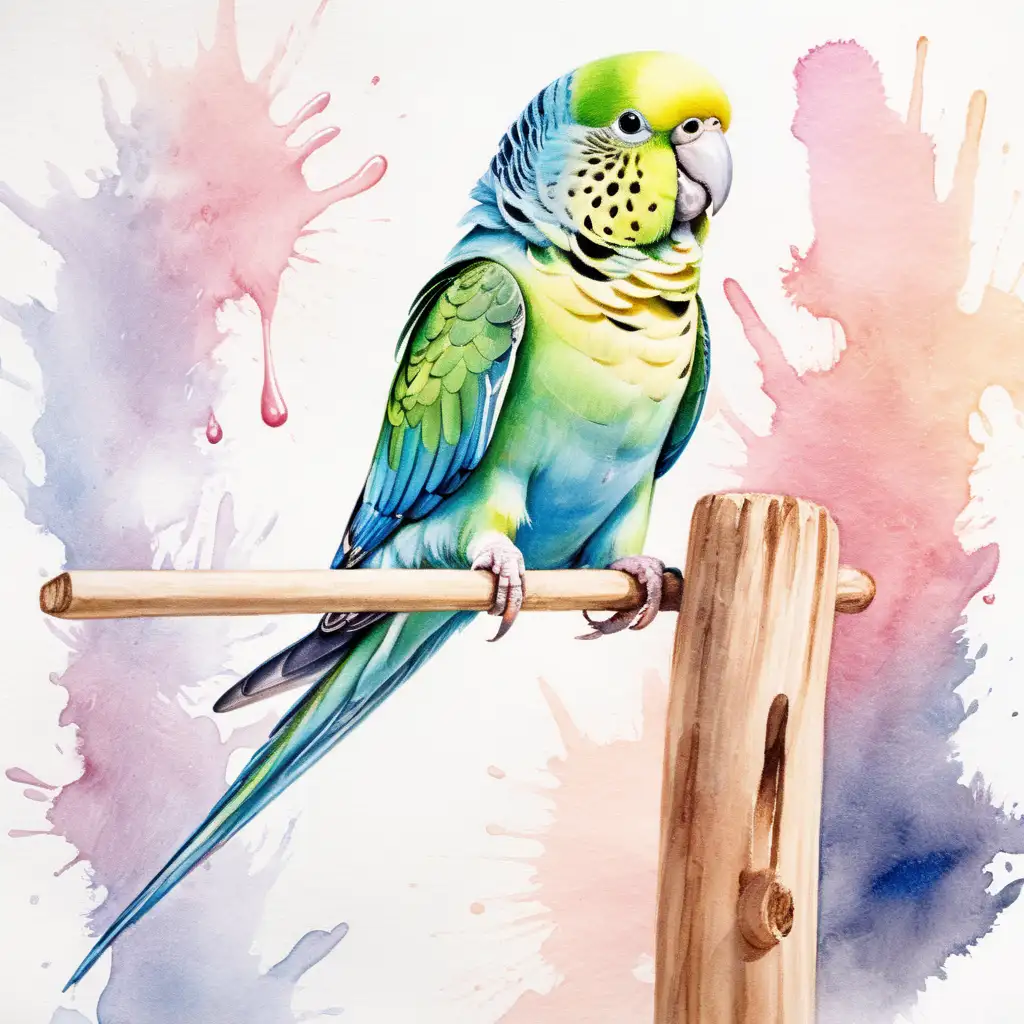 Watercolor Painting of a Nymph Parakeet on a Stick with a Cage in the Background