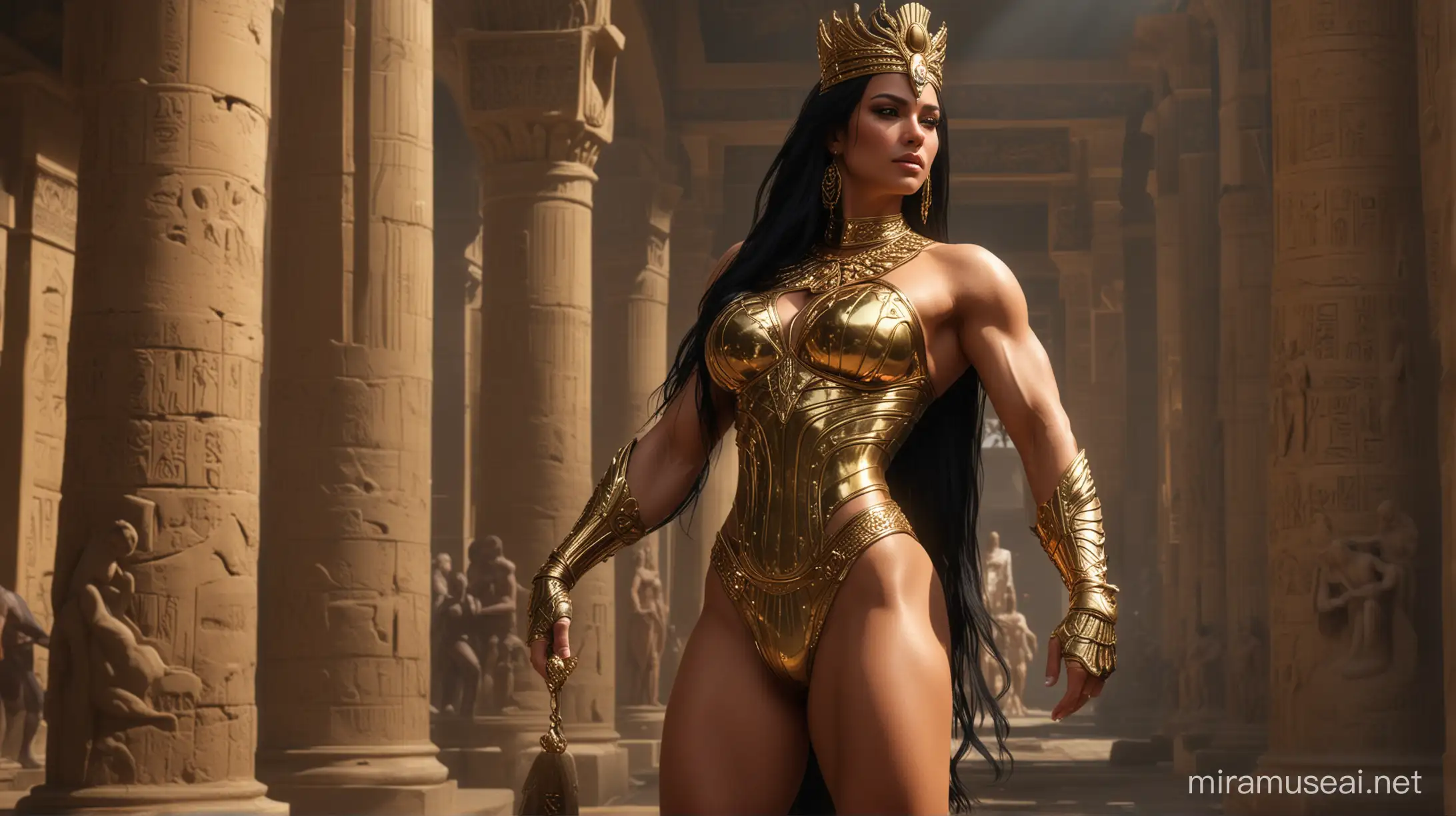 Egyptians lady as a bodybuilder, Intense lighting, Dramatic shadows, muscular physique, strong presence, Intricate details, Digital art, Artstation, Sharp focus, big muscles like big body builder six pack In the heart of ancient Egypt, behold the awe-inspiring sight of a queen unlike any other. in muscule show posing big muscule attention with her hyper-muscular, adorned in opulent gold and patent leather. Her long black hair cascades like liquid night, framing a face of divine beauty, while her tanned, oiled skin gleams in the sunlight. From her imposing gold tiara to her patent thigh-high stiletto boots, every detail exudes regal authority. With colossal muscles and dragon wings, she is not just a ruler but a force of nature—a queen fit to reign over the grandest empire in history more detailed





