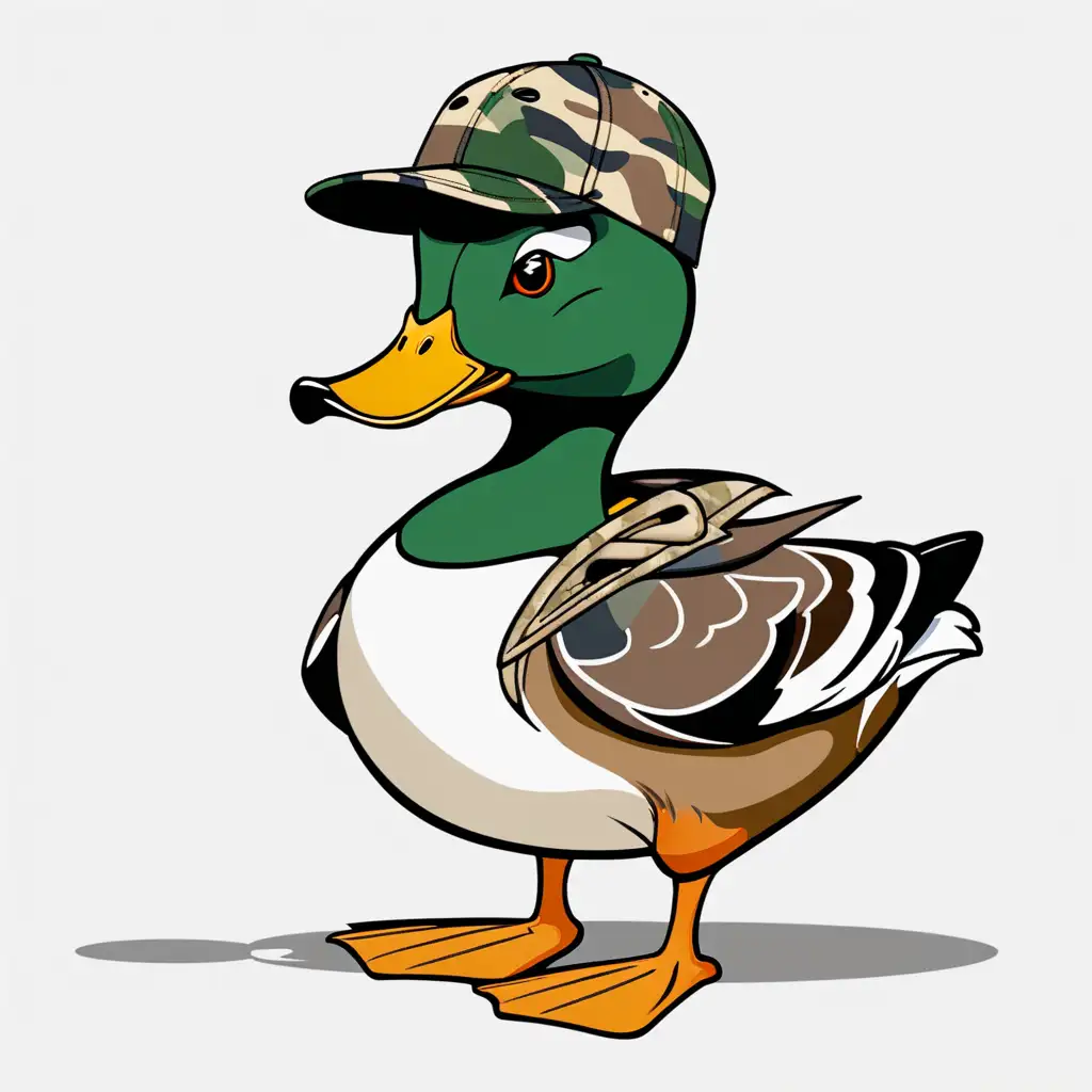 animation Mallard hunting duck wearing a backwards hat, camo