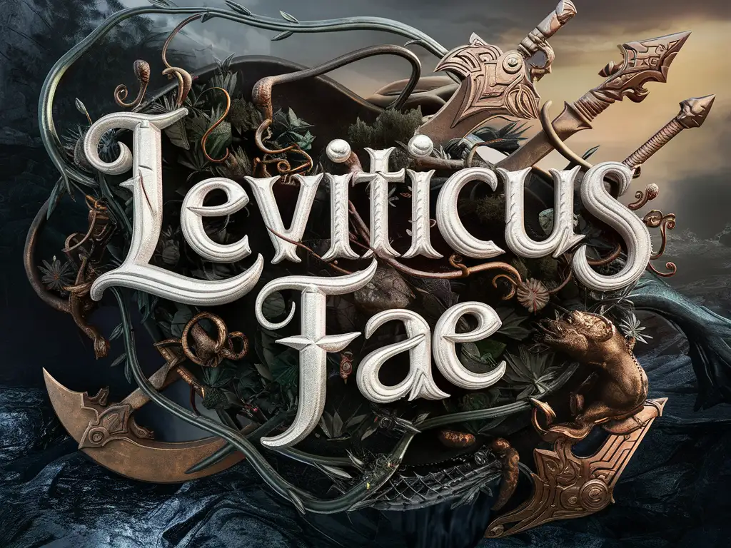 The name in 3d: "Leviticus Fae!” , whimsical dark elven images surrounding the words, cartoon 3d render, cinematic, typography v0.2, illustration, cinematic, typography, 3d render lots of metallic colours
