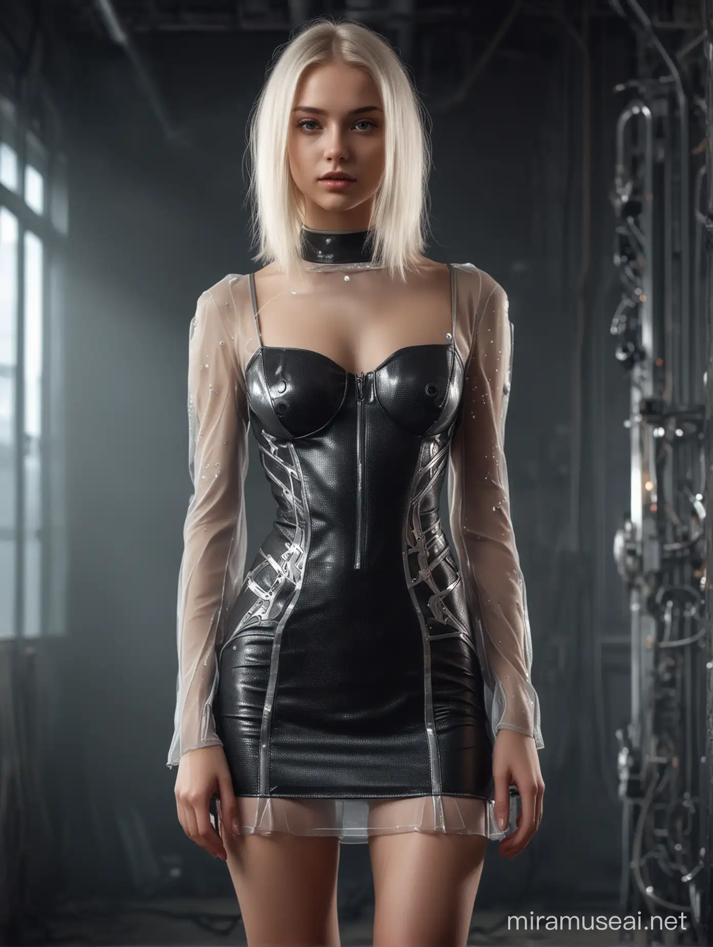 Photo of a beautiful 18 y.o. russian model, full body, wide shot, detailed skin, perfect body, very detailed, 4K HQ, 8K HDR, High contrast, shadows, platinum blonde hair, sci fi sheer short dress, full body view