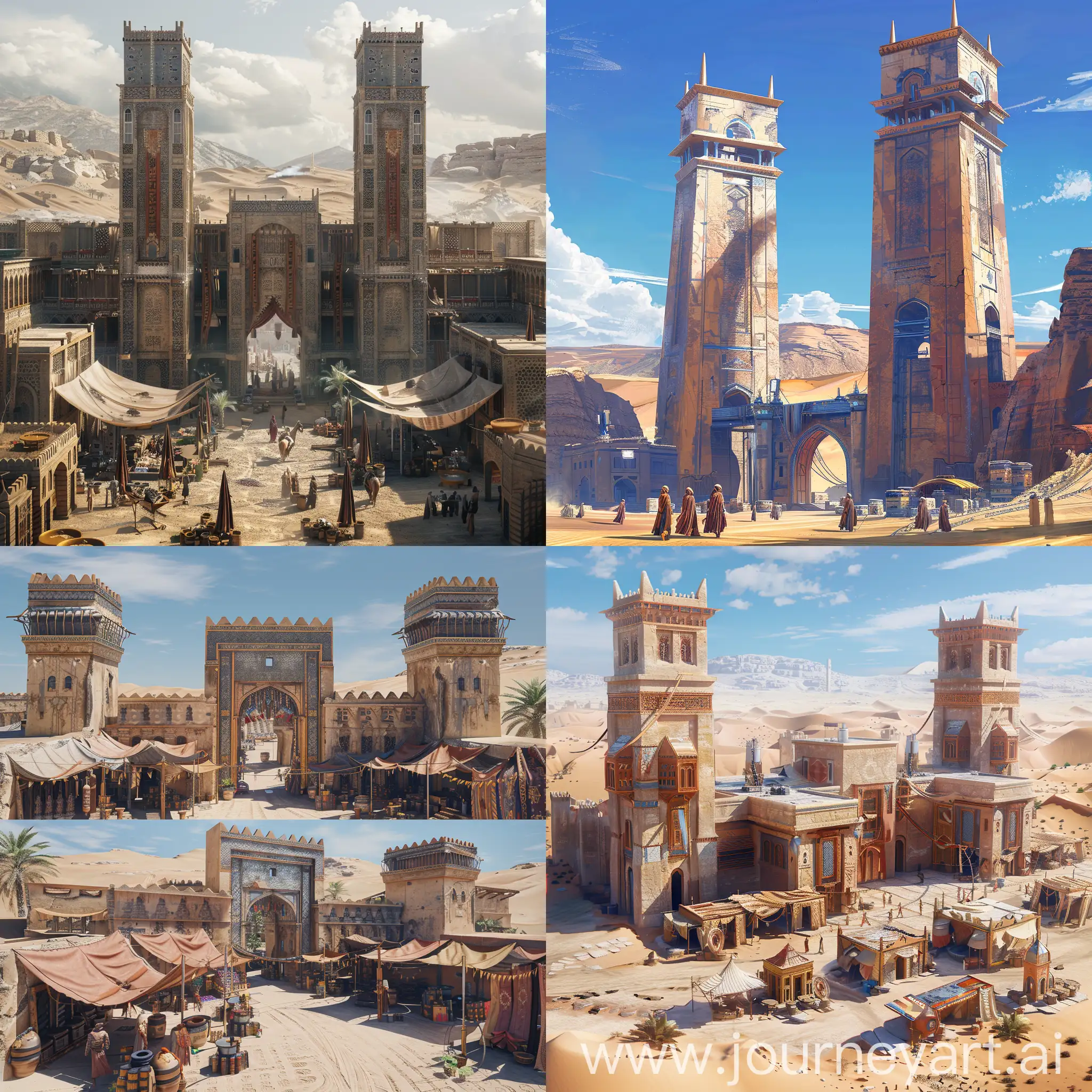 Sci fi market from the outside in the desert inspired by middle eastern architecture. There are also two squared towers