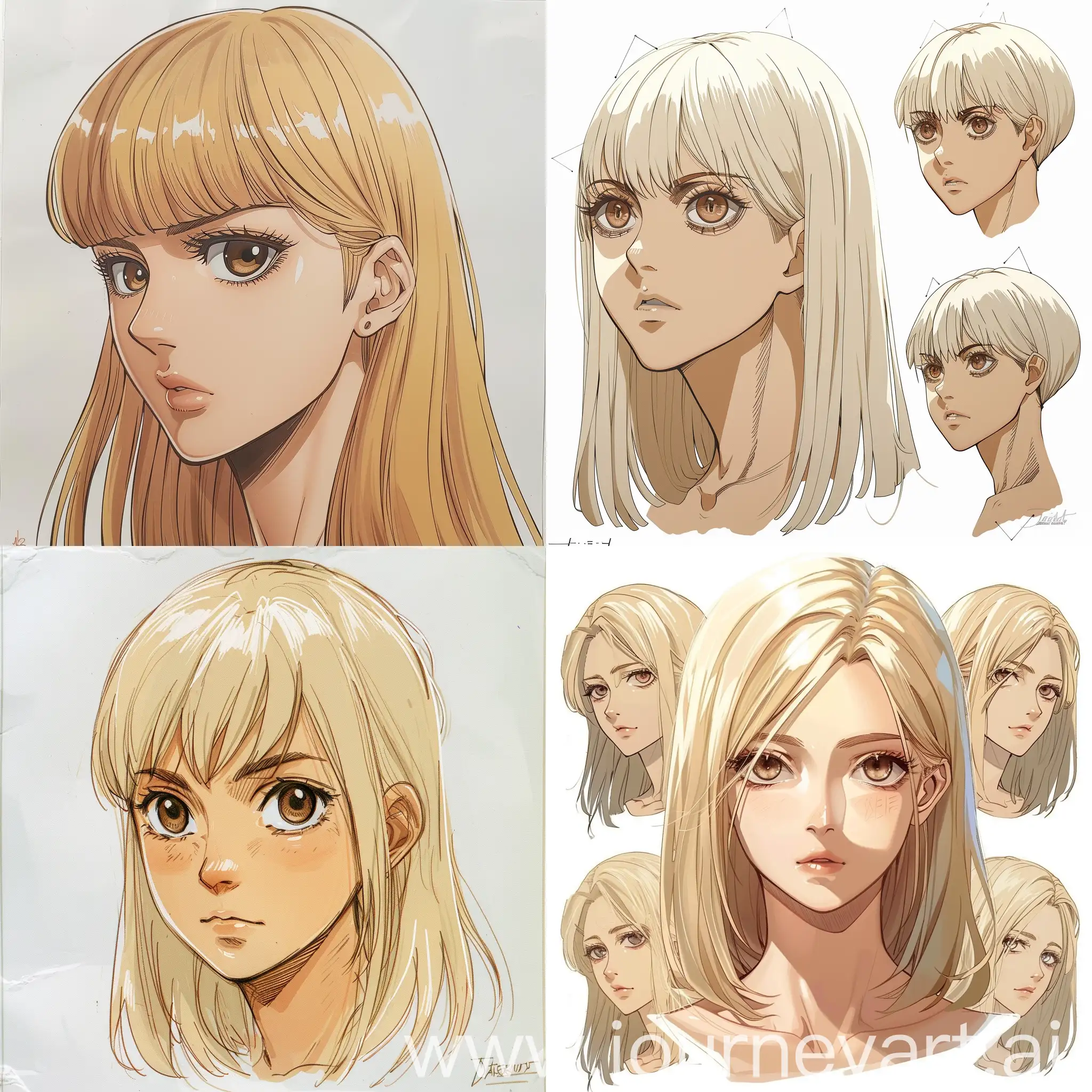 Beautiful young blonde girl, straight hair, soft eyes, soft skin, brown eyes, head, muted pastel colors, close up character design, concept design sheet, white background, detailed, retro style, attack on titan