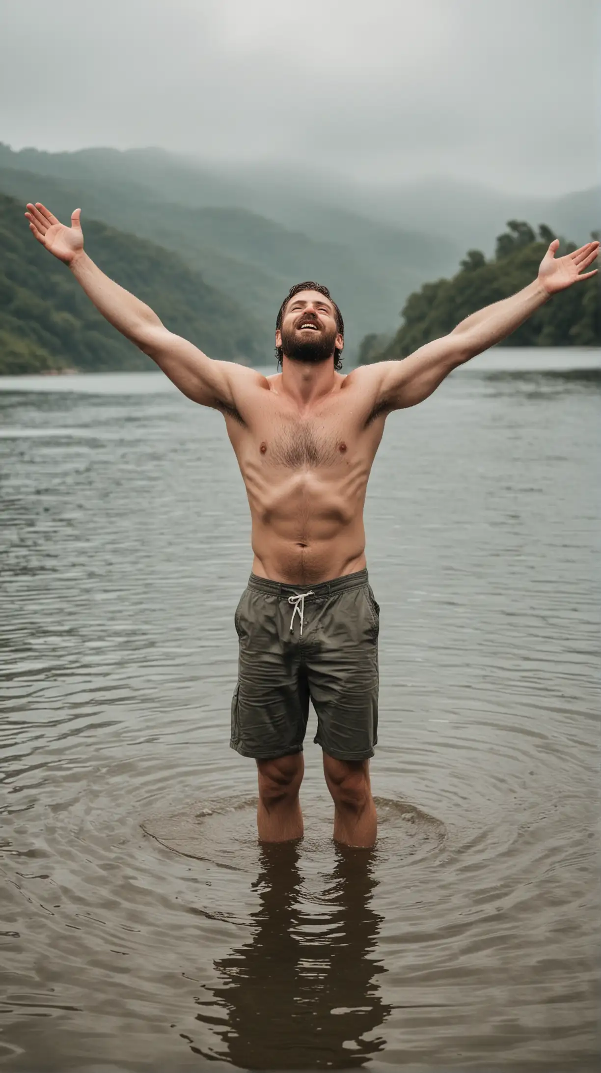man standing in water, shirtless, arms outstretched, looking upward, beard
