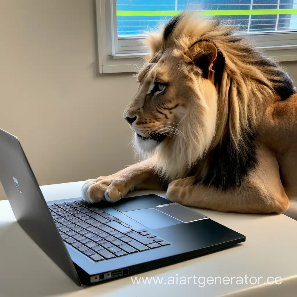Лев программирует за ноутбуком реализм