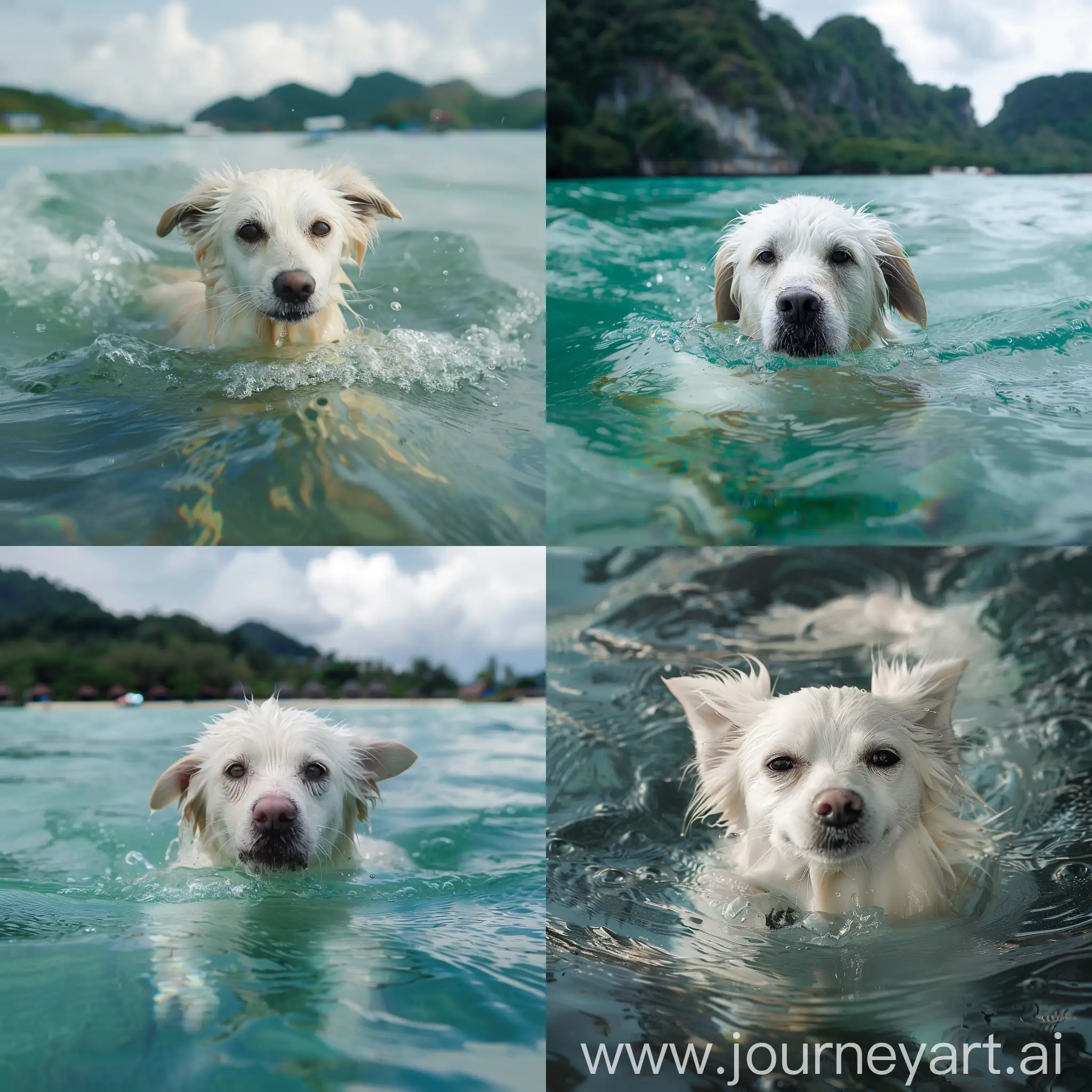 A white dog is swimming in Thailand