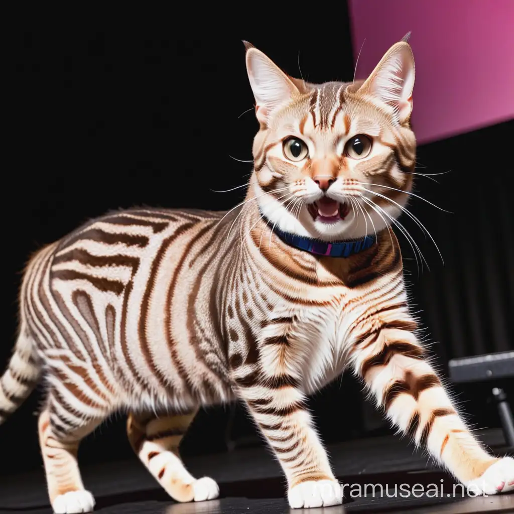 a striped tabby cat that looks like taylor swift performing a concert