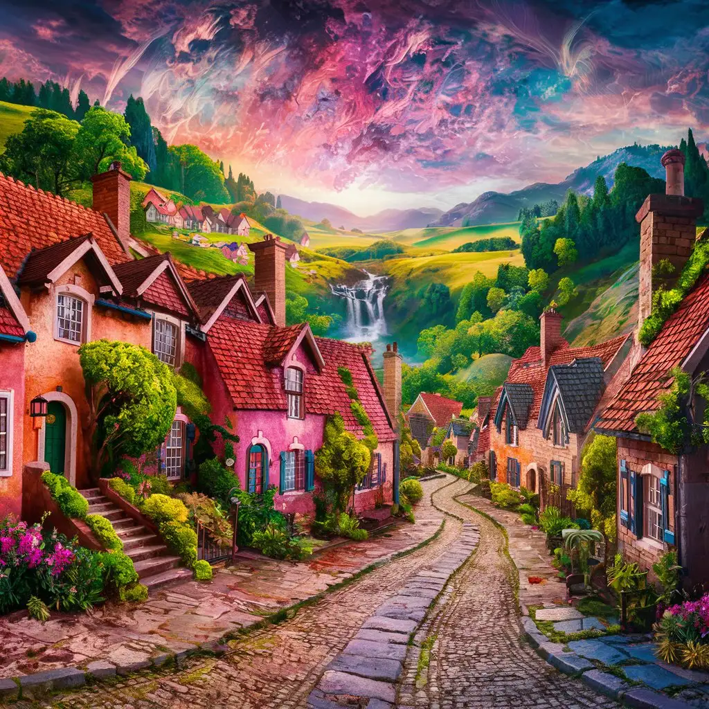 a magical village, paths, beautiful
