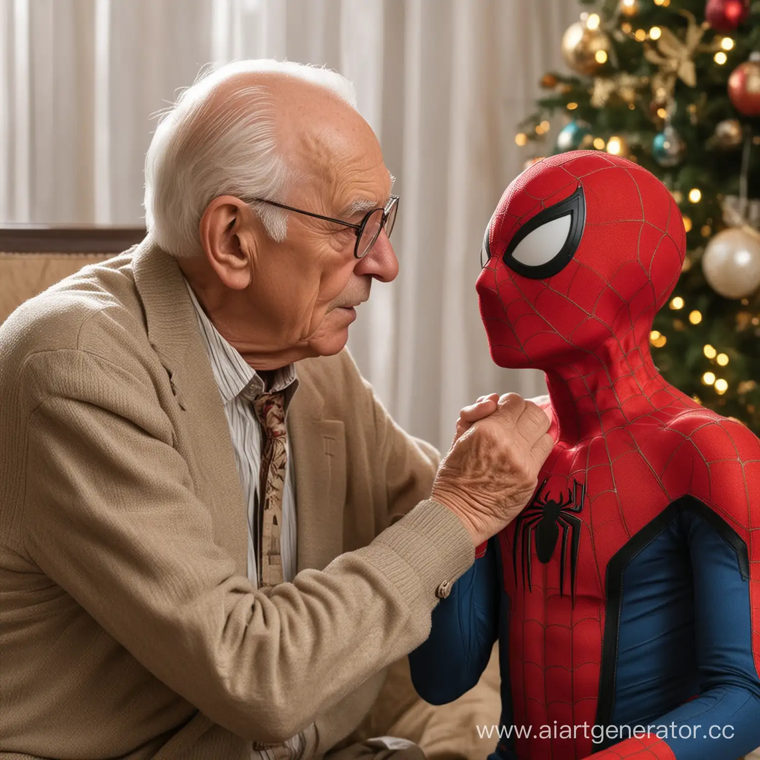 
Spider-man kisses his grandfather's hand and puts it on his head during the holiday