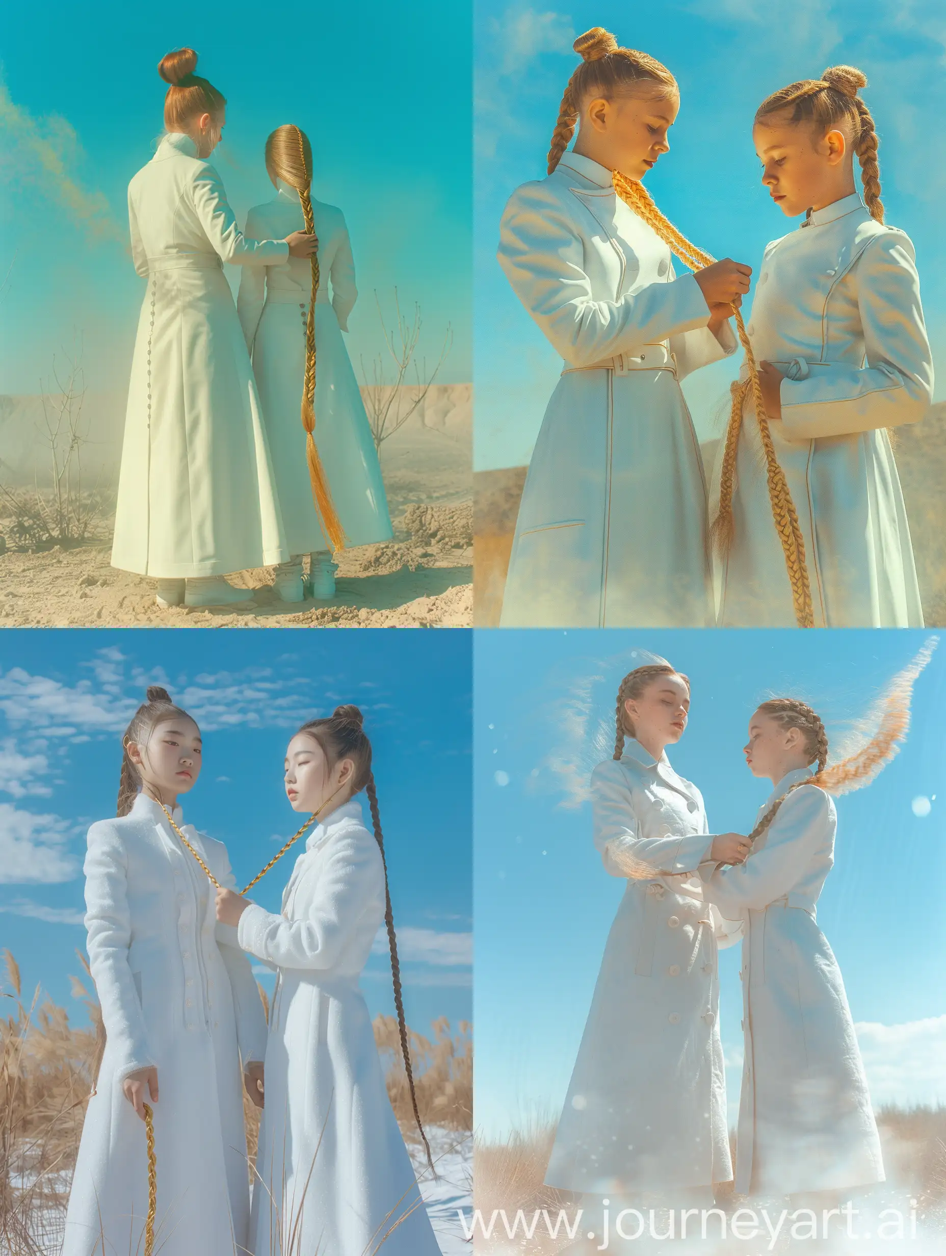 Twin-Sisters-in-White-Coats-Braiding-Golden-Hair-under-Blue-Sky