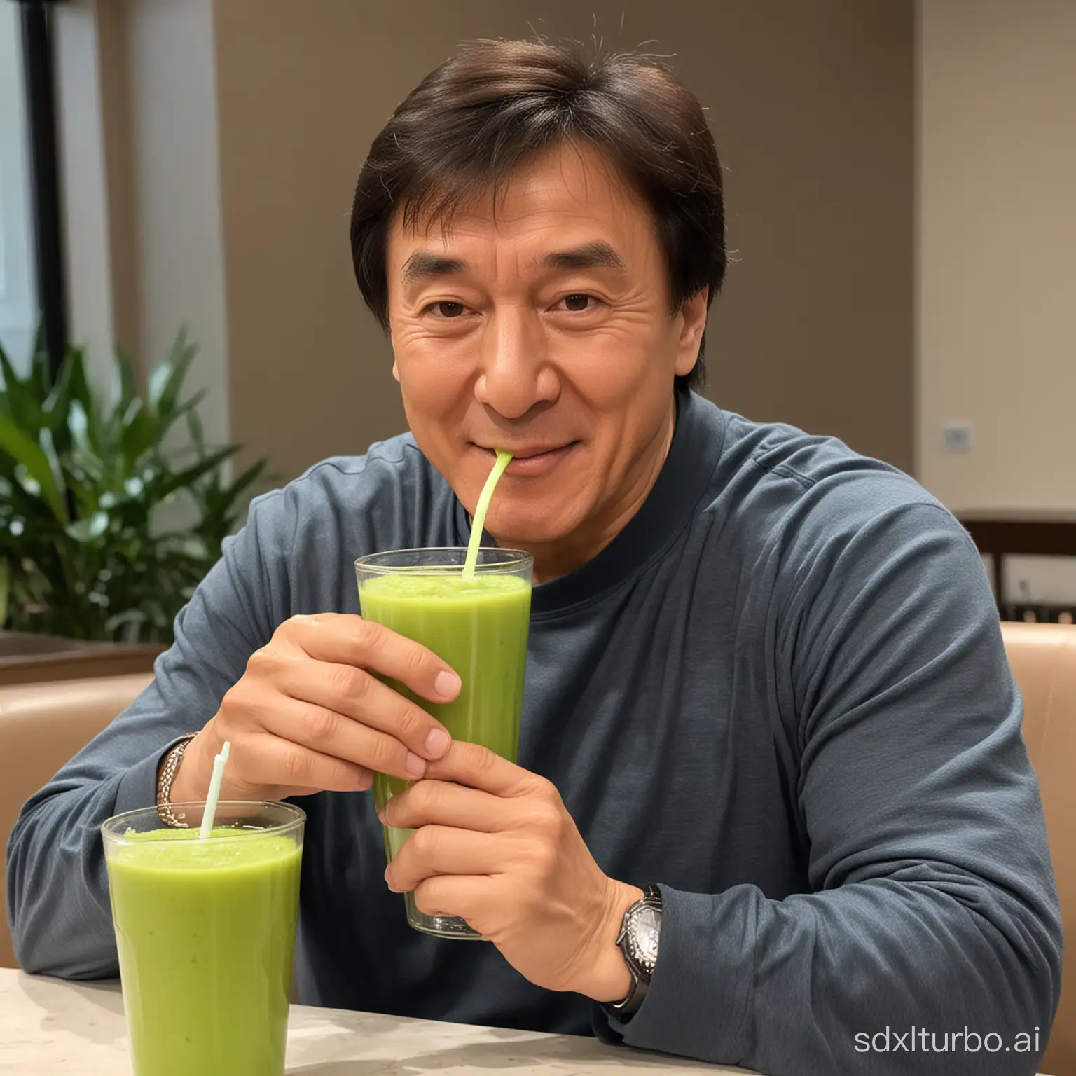 Jackie Chan is sitting drinking smoothies
