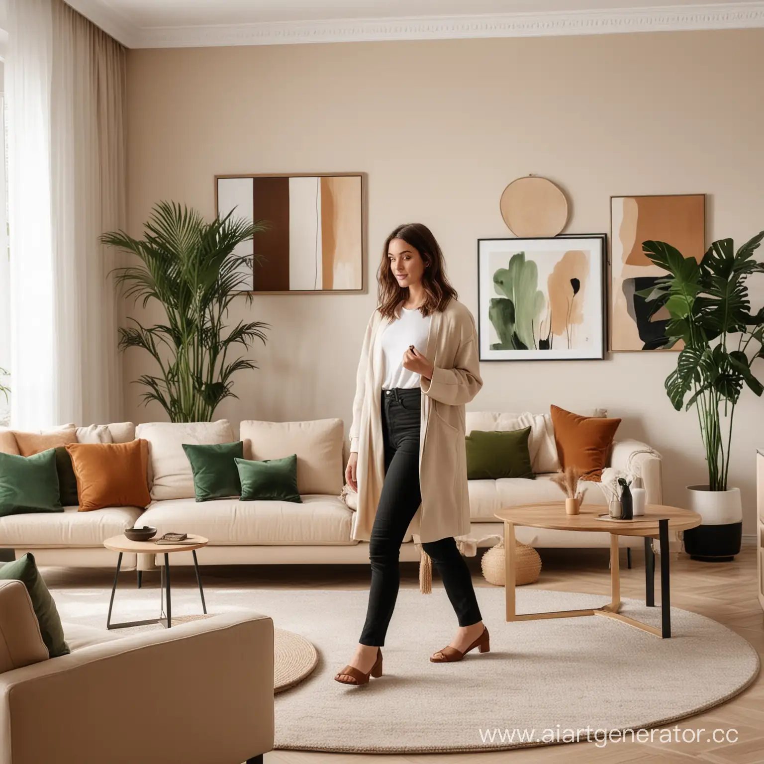 A woman is choosing decor to the living room. Colors : white brown, beige, black, green
