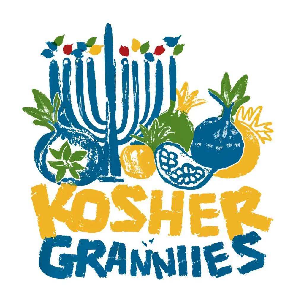 logo, Israel, yellow, blue, white, green, Menorah, Paul Klee, pomegranate, Jerusalem, with the text "Kosher Grannies", typography, be used in the automotive industry