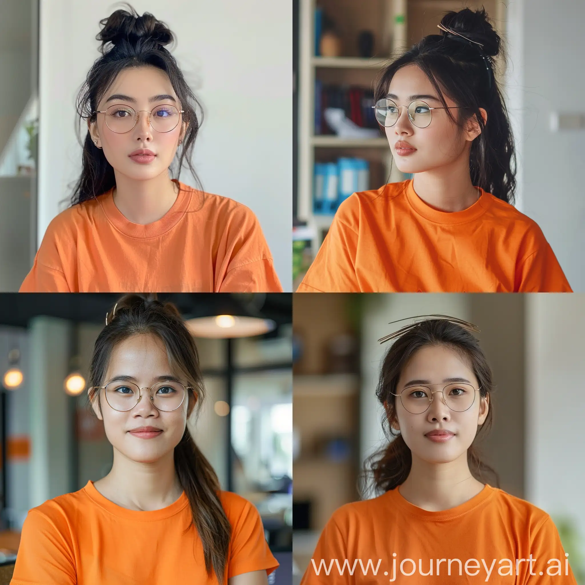 /imagine Vietnamese woman , working on office, hairclip style , little eyes with glasse T-shirt orange color, 30 year old
