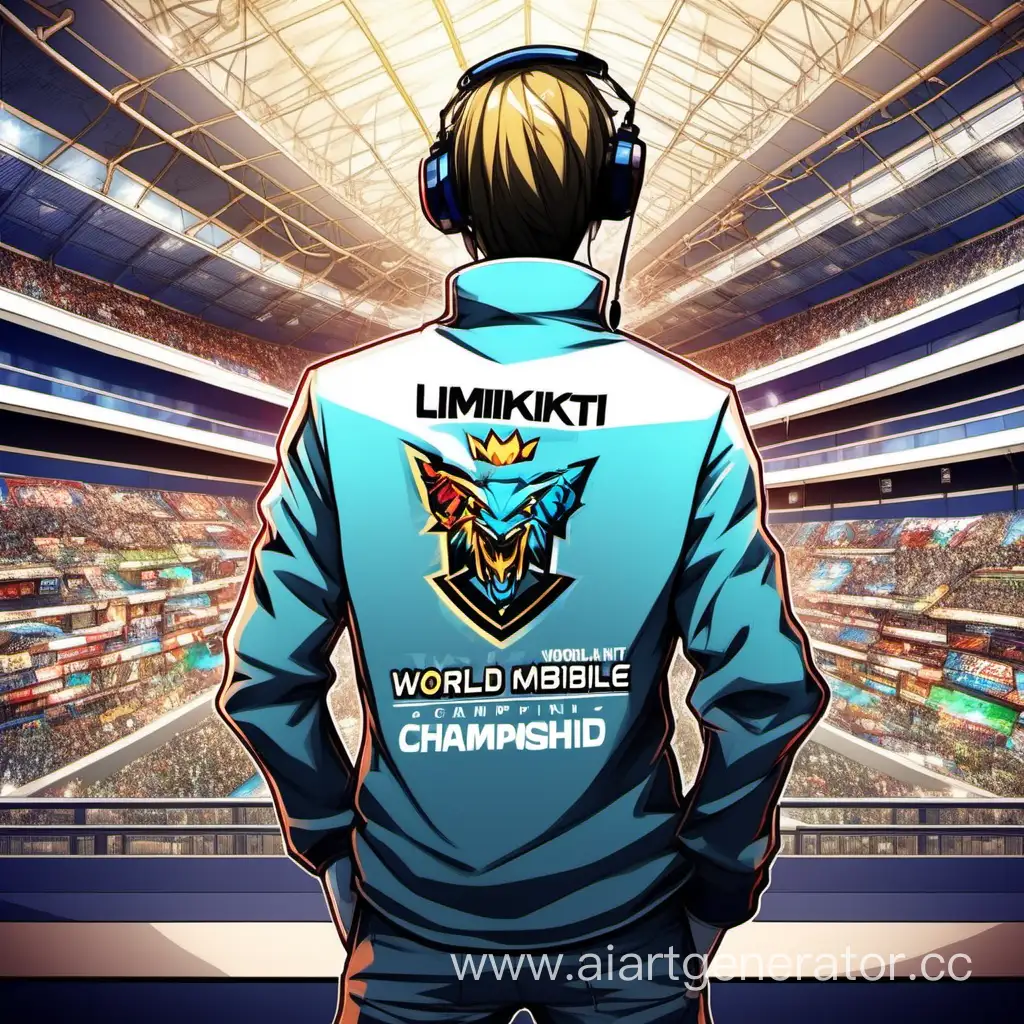art about a player with his back half-turned at the World mobile game championship in anime style with the inscription on his clothes Likmiktik against the background of the stands from the world mobile game championship