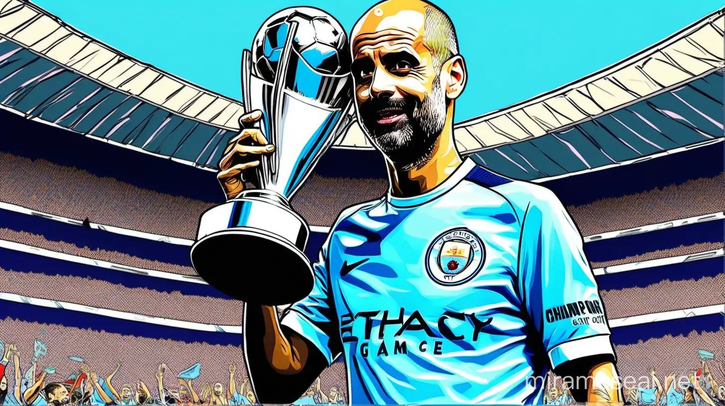 comic book painting of pep guardiola holding champion league trophy, manchester city logo and colors in background, cinematic look, detailed, high quality