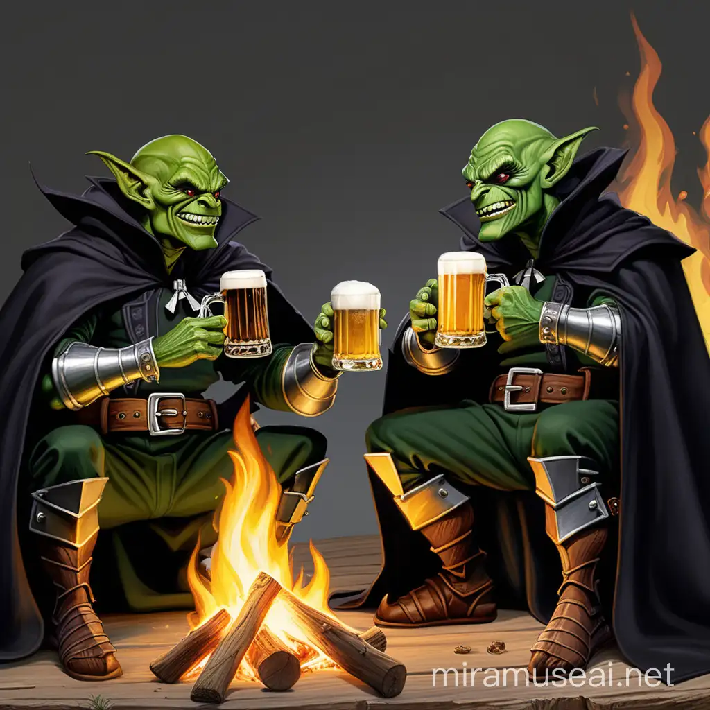 Tipsy Goblin Warriors Enjoying Beer by a Bonfire