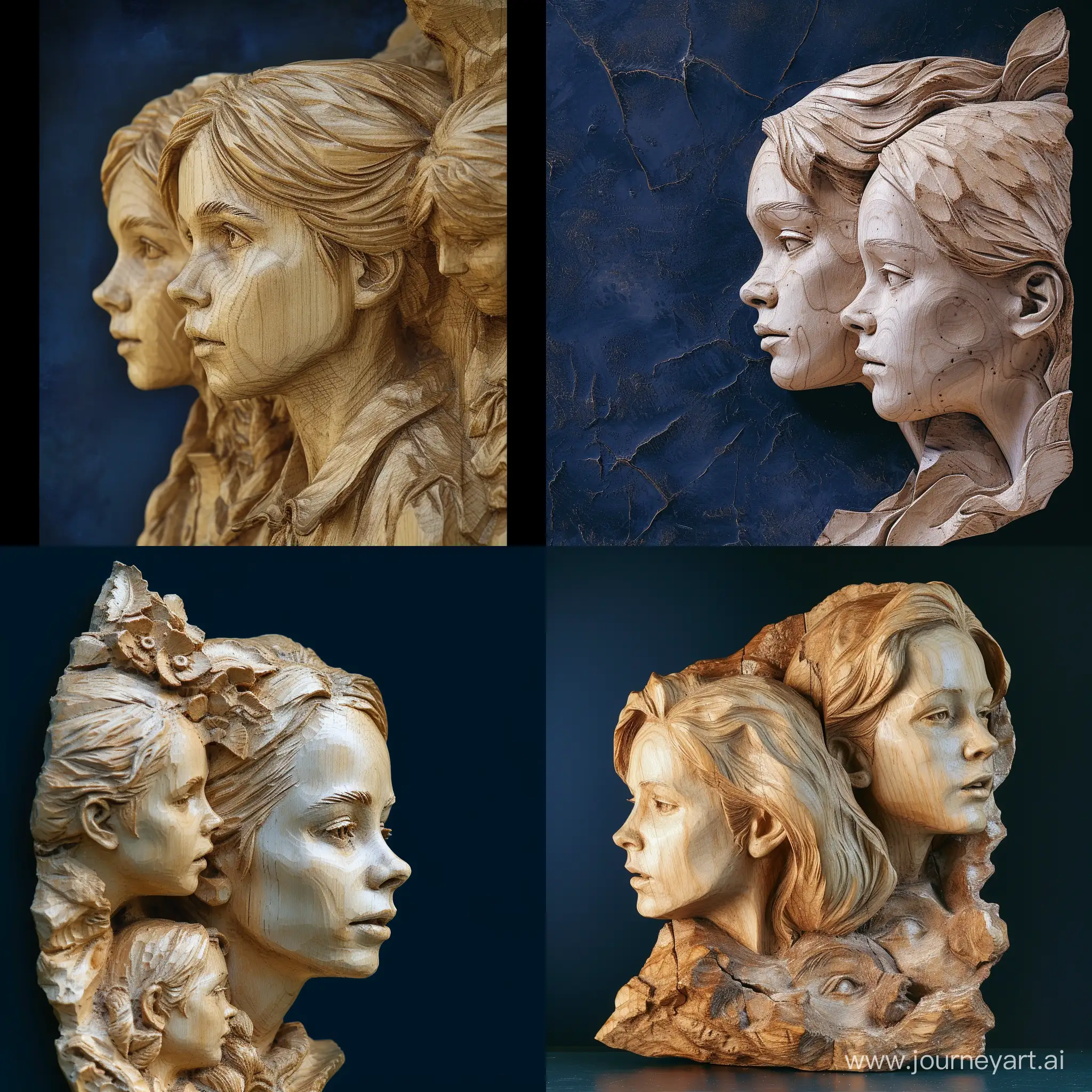 A Sculpture of young women,dark blue Background,carving wood, High details,mikelangello stile