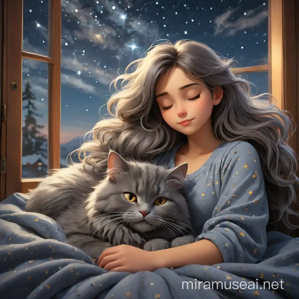 Красивая девушка спит с серой пушистой кошкой.В окно видно звёздное небо.