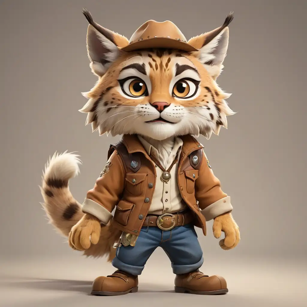 a lynx in cartoon style, full body with big eyes, Cowboy clothes, with clear background