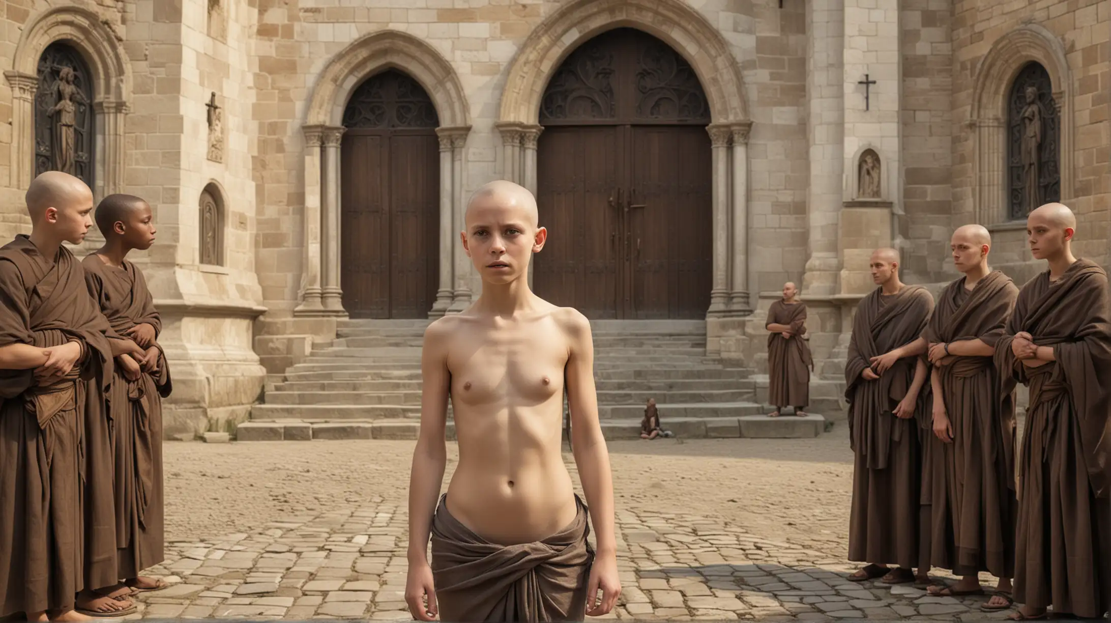 hyperrealistic image of a 1st century historical scene: a bald skinny topless 10 year old girl standing full frontal full body view in front of a church is surrounded by a group of only 3 christian monks pointing towards the girl