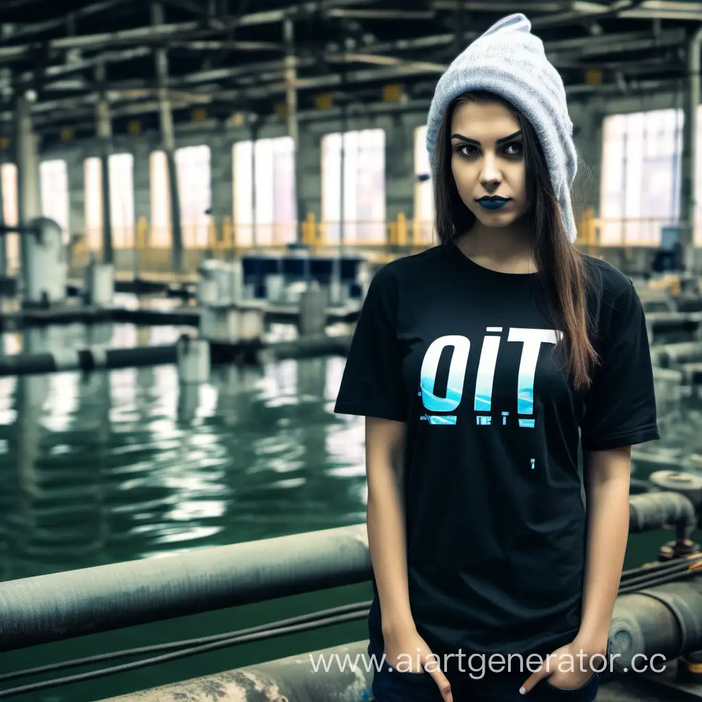 Девушка хакер с надписью "ОИТ" на футболке, на фоне водоочистной станции