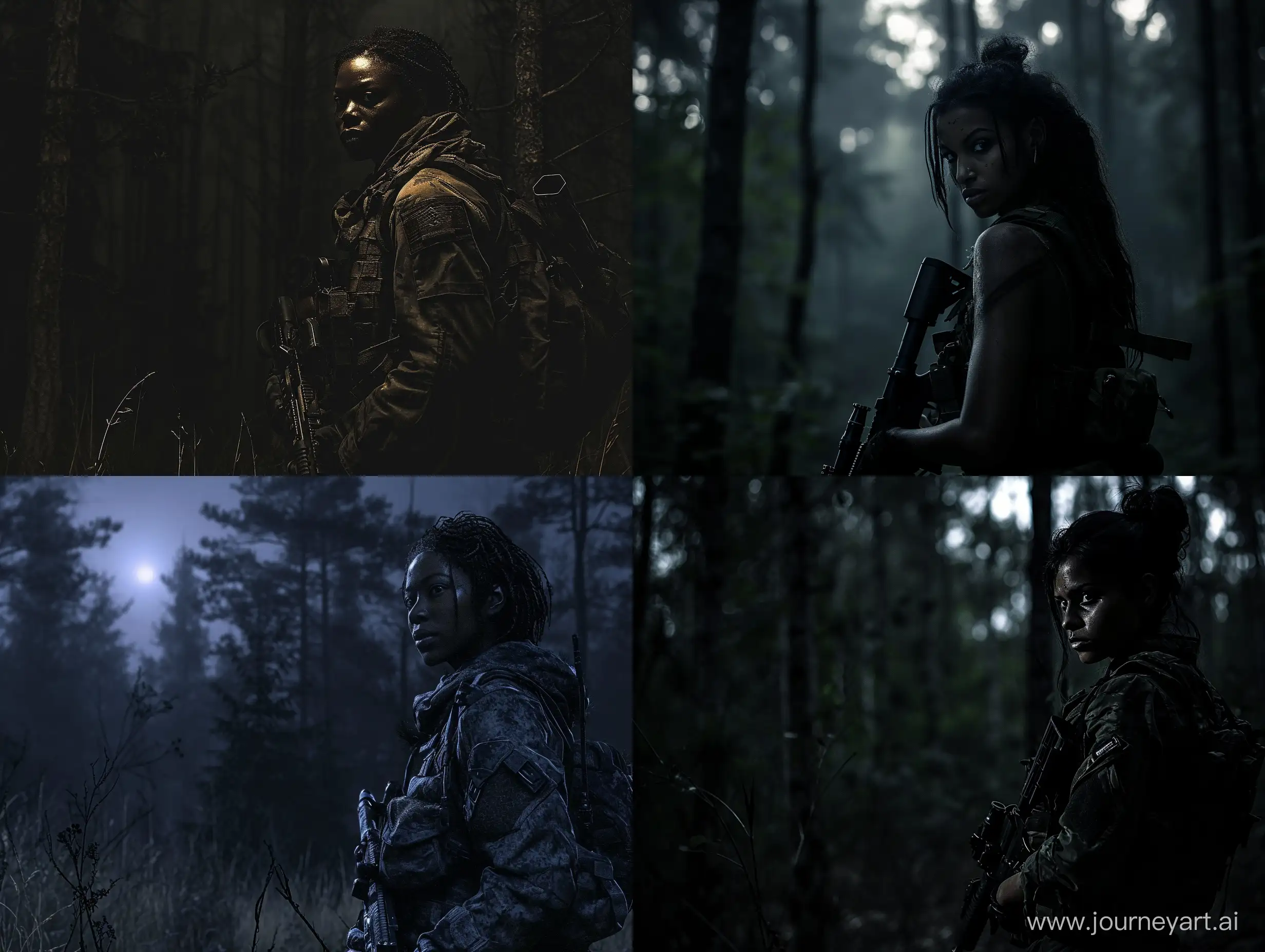 beautiful dark skin Sheva Alomar in S.T.A.L.K.E.R as mercenary in dark tactical equipment dead trees dark forest