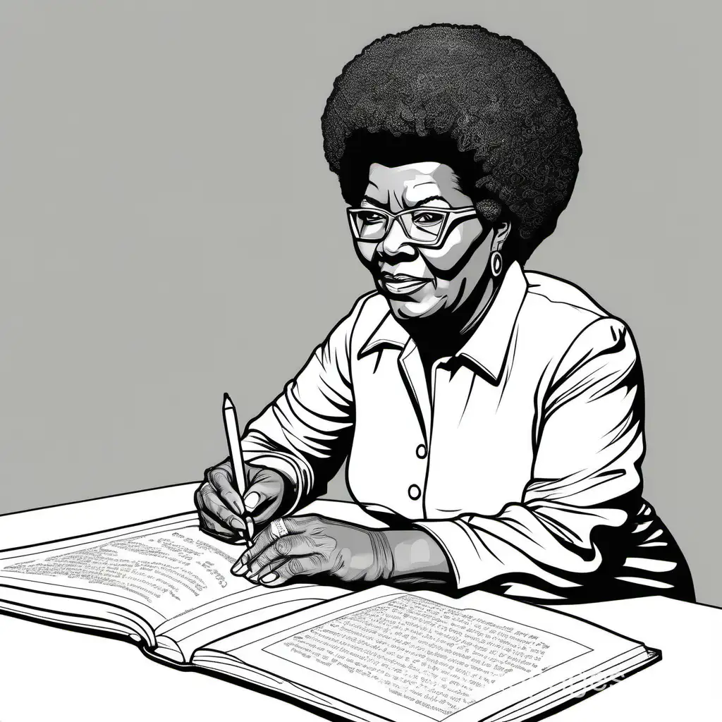 Octavia Butler writing a book, Coloring Page, black and white, line art, white background, Simplicity, Ample White Space. The background of the coloring page is plain white to make it easy for young children to color within the lines. The outlines of all the subjects are easy to distinguish, making it simple for kids to color without too much difficulty
