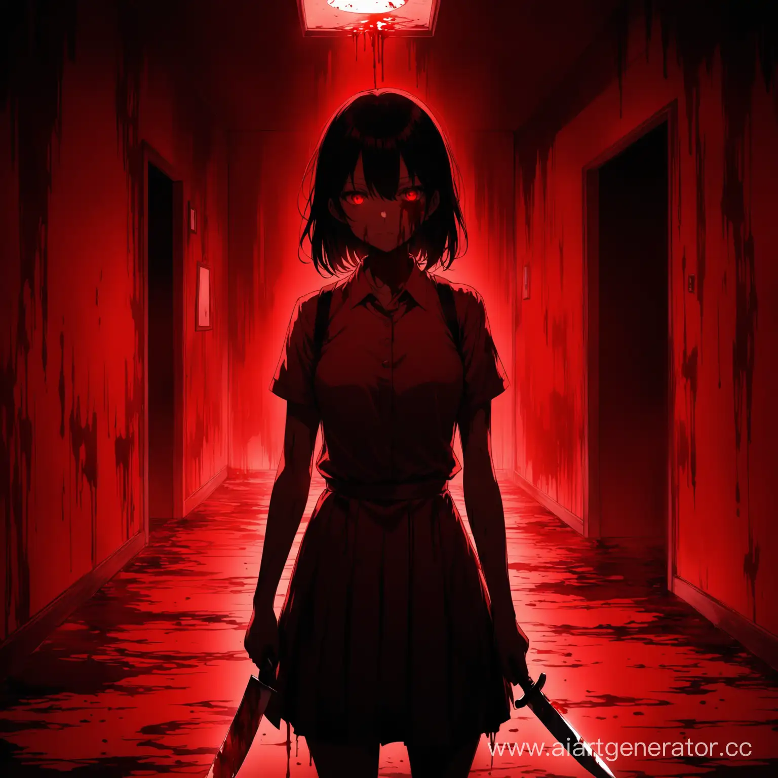 anime girl with blood knife, blood, blood is everywhere in the room, a red filter and red rays of light make their way into the darkness