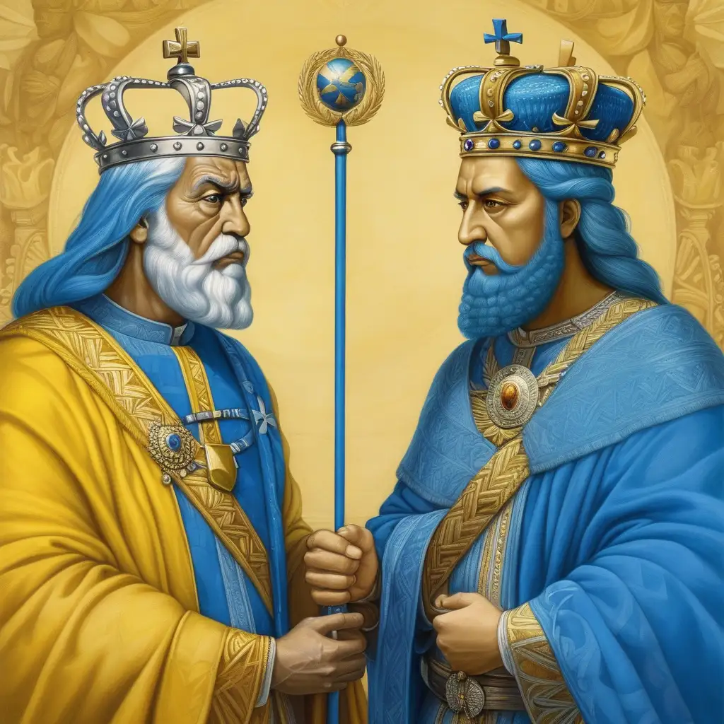 점차 세력을 크게 불려 나가고 있는 파랑 색과 노랑 색을 기초로 하는 두 국가의 왕들