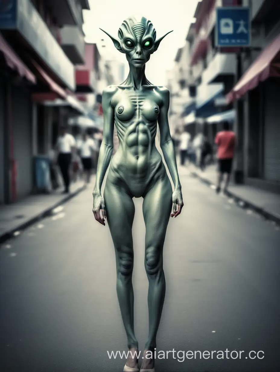 professional photo a beautiful  alien girl, full body, street
