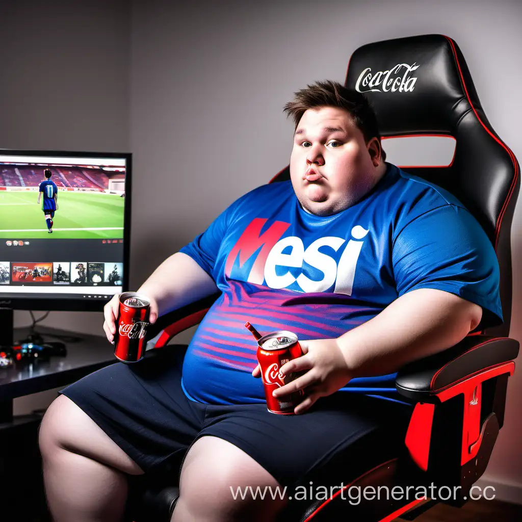 Очень толстый мальчик сидит на геймерском кресле и смотрит Ютуб на игровом компьютере футболке месси и пьет кока колу