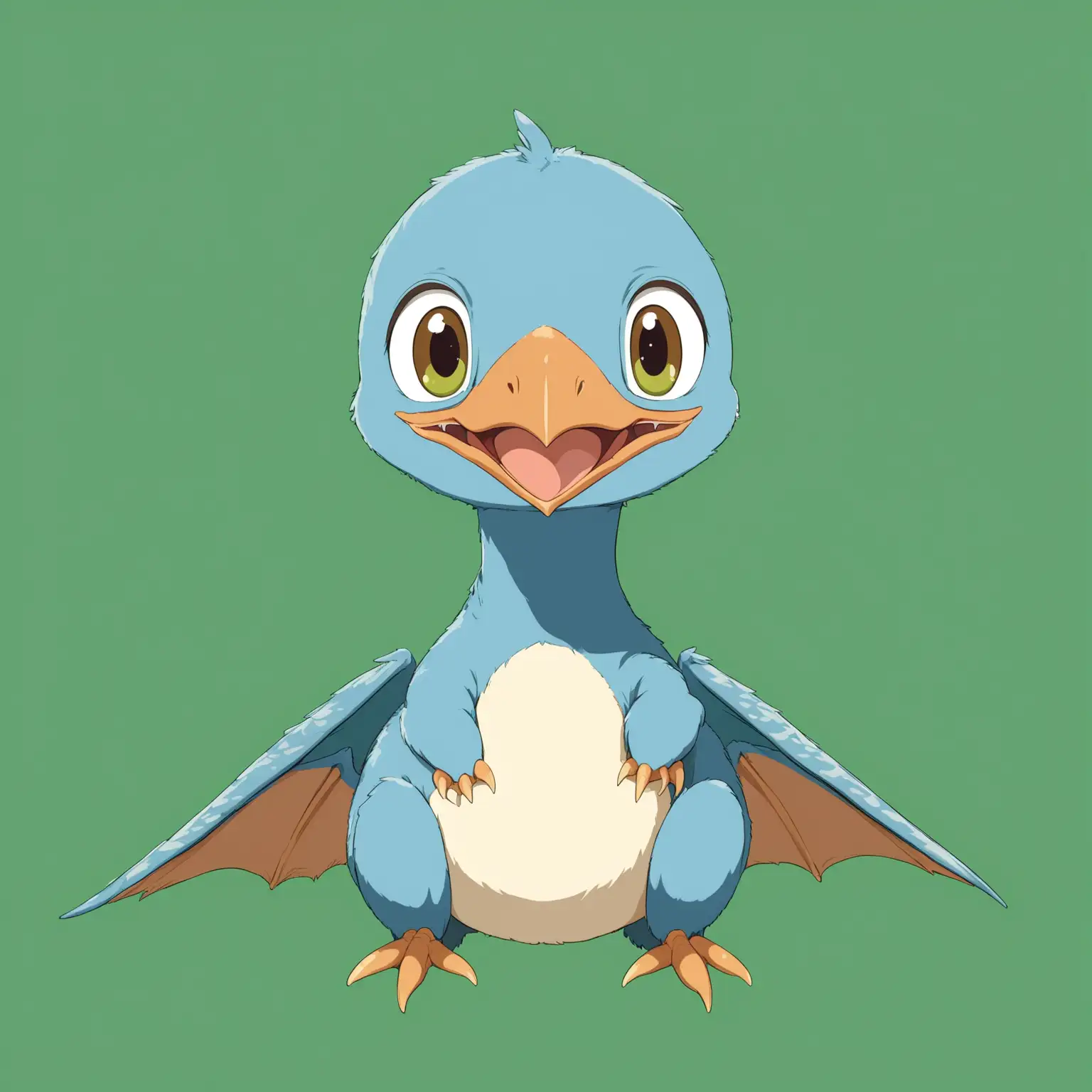cute blue baby pterodactylus with dark green screen background, ghibli studio, no background, no background shadow,no background lighting, no background shading, no character shadow, the baby pterodactylus is looking straight at the camera