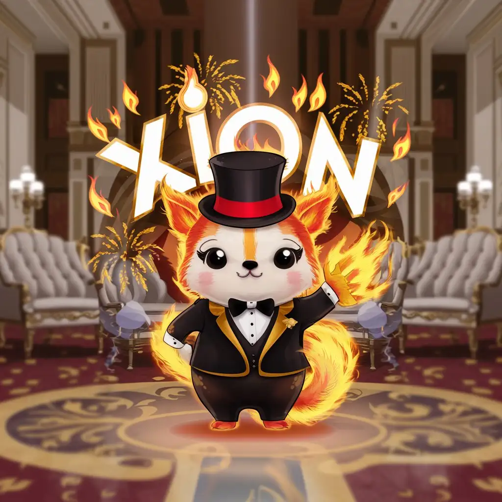 Adorable XION Creature in Tuxedo Surrounded by Fiery Inscriptions