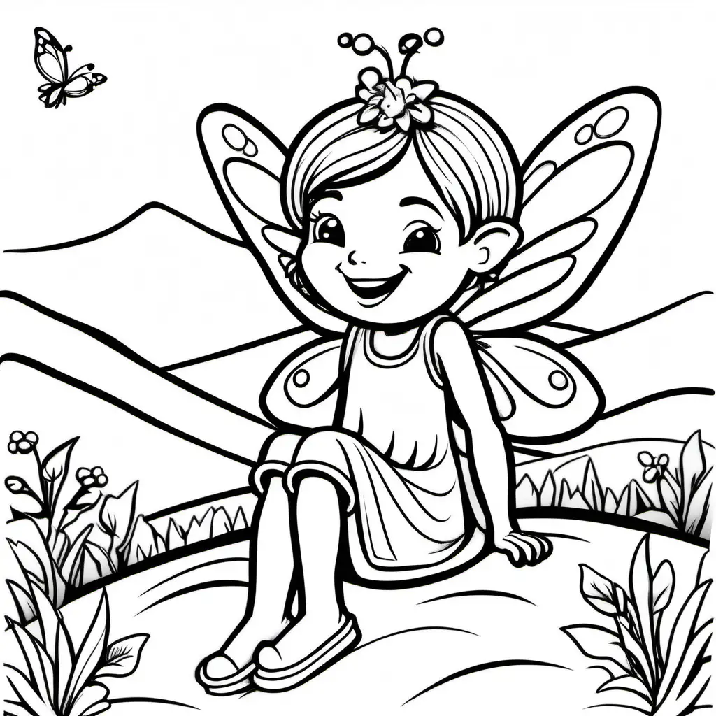 a simple drawing of a happy fairy sitting on a hill, illustration, cartoon, outlines, kids colouring page, black and white: 1.5, white png background, flat 2d  –no shading, gradient, colors: 1.5, saturation:1.2, colored, shadow: 1.1, 3d -- ar 9:11