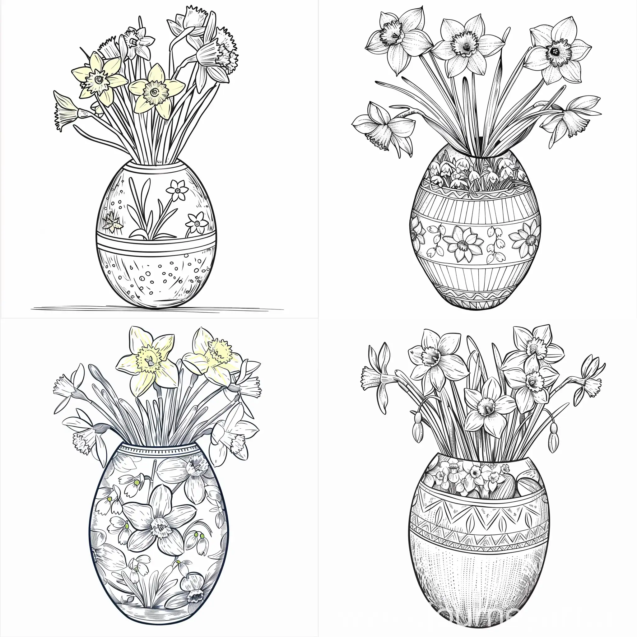 Großes Osterei als vase, Ei mit narzissen verziert, schneeglöckchen innen. Zum selber colorieren