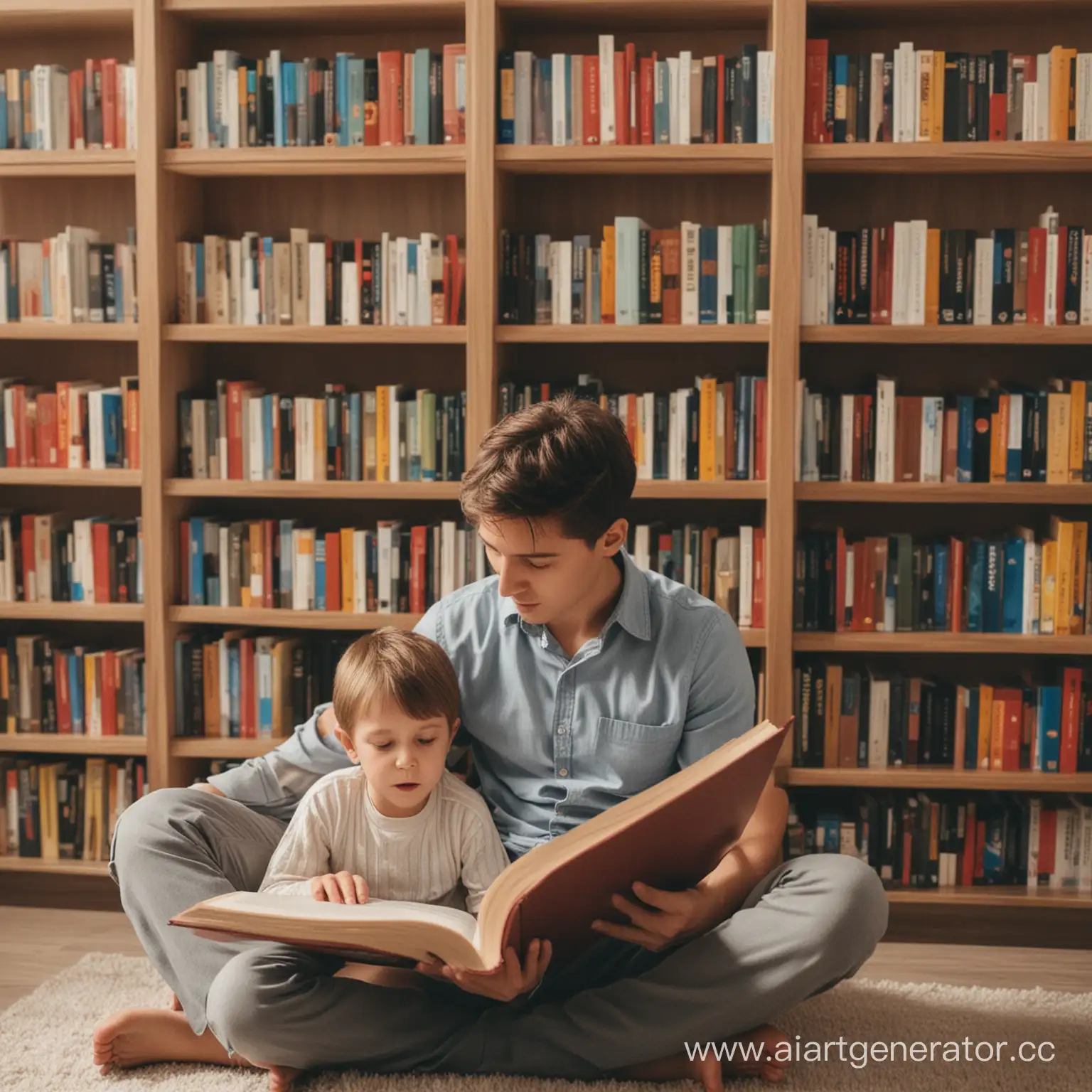 a boy is reading a book with his mother, there are a lot of books in the bookcase behind them