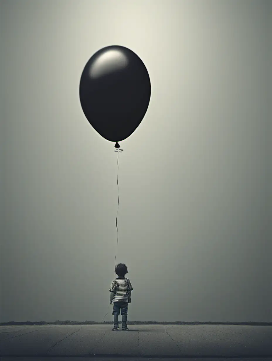 Create an image of a lonely kid holding a balloon facing away from the camera. The image should empty of all other details. Greatly a sad emotion 