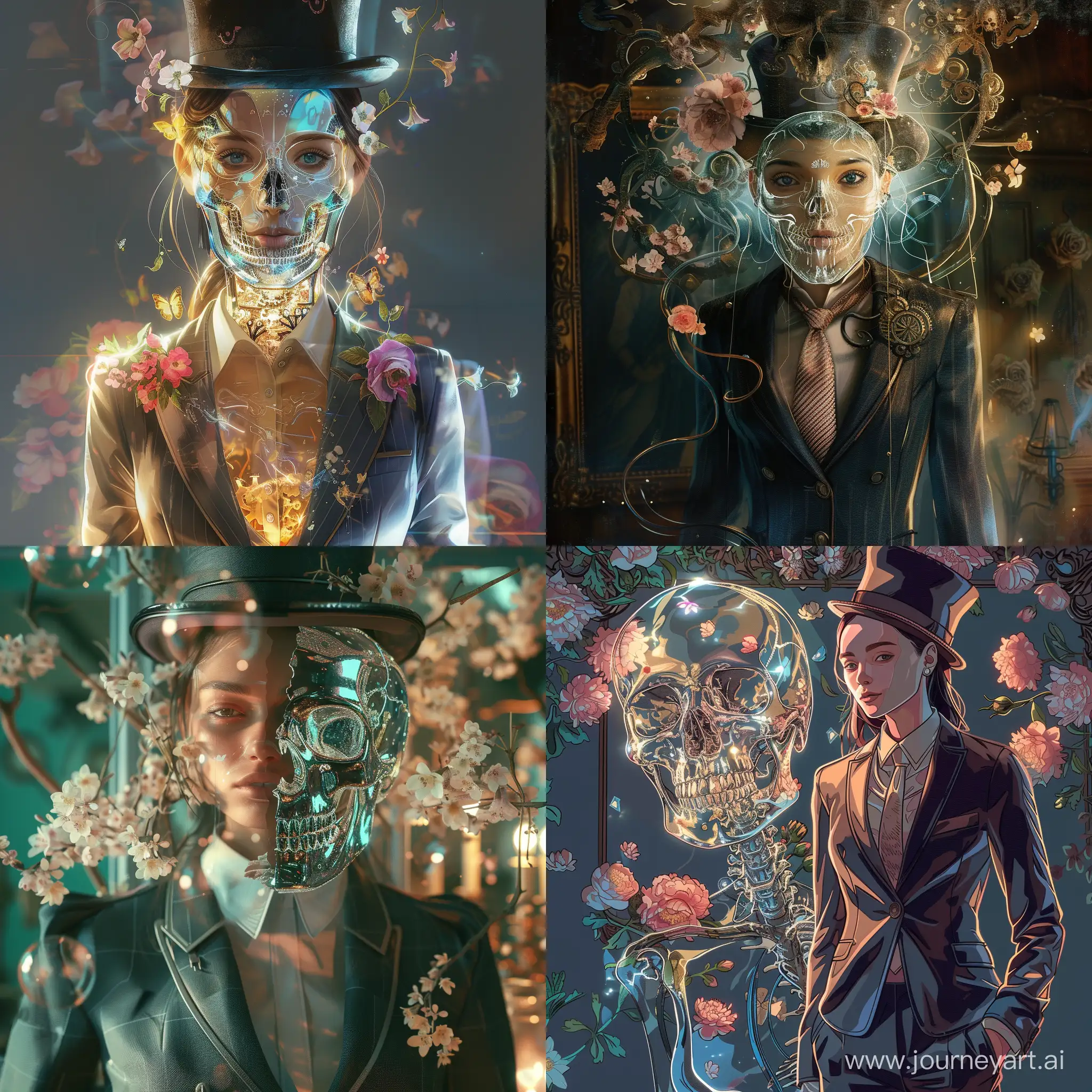 Cute woman in a luxury tailored suit, surreal glass skull with blooming flowers, transparent female figure in a suit, highres, ultra-detailed, steampunk, luxury, tailored, transparent skull, surreal, detailed facial features, elegant, vintage, atmospheric lighting, Victorian era, sophisticated color palette, intricate steampunk details, blooming flowers, top hat, refined, professional illustration
