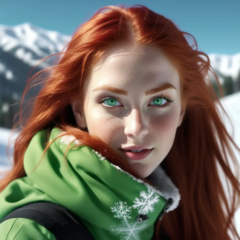 Create a hyperrealistic photograph of magella green, long red hair, green eyes, perfect face. She is playing with the snow at the ski resort, casually looking at the camera. Blue sky winter season. High definition 8k image, octane render 