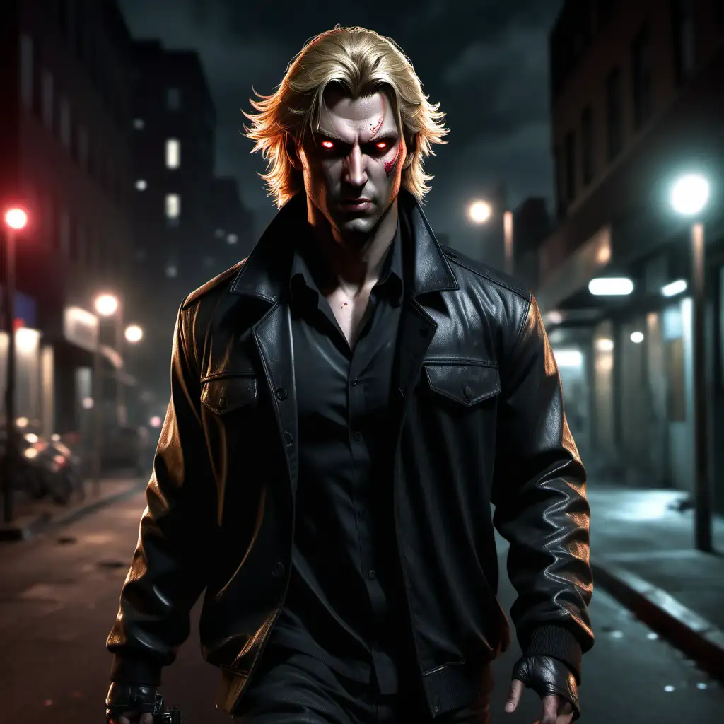 A white male Banu Haqim, enforcer, red eyes, dirty blonde hair, wearing a black jacket, walking outside on a street at night, realistic